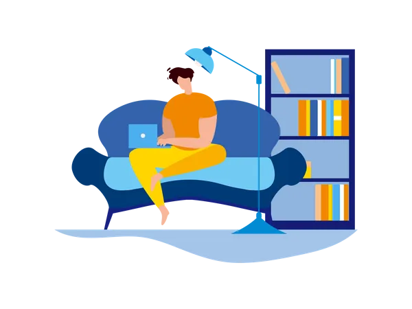 Man Sit Couch with laptop and book shelf at background  Illustration