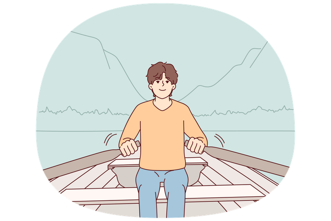 Man sit in boat rowing in mountain landscape  Illustration