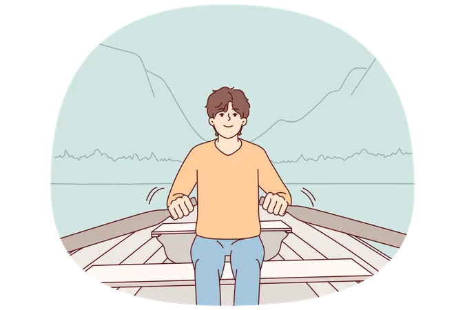 Man sit in boat rowing in mountain landscape  Illustration