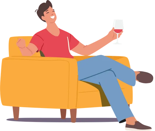 Man sit on armchair holding wineglass Illustration