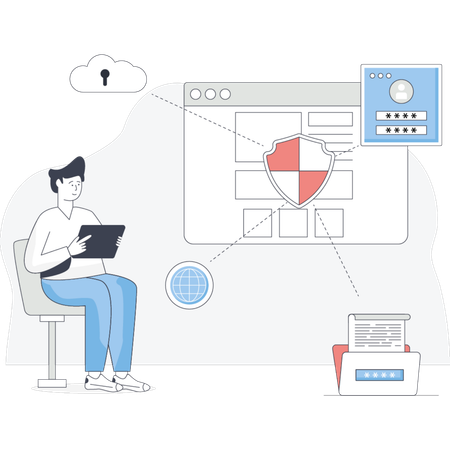Man sits at a computer focused on a screen displaying a shield symbol suggesting cybersecurity or protection Illustration