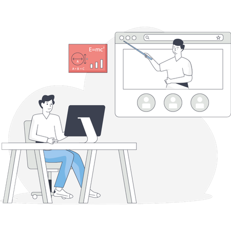 Man sits at a desk focused on a computer screen and a video screen in front of him  Illustration