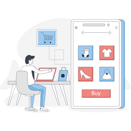 Man sits at a desk using a phone and a tablet focused on his work  Illustration