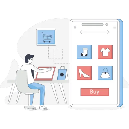 Man sits at a desk using a phone and a tablet focused on his work  Illustration