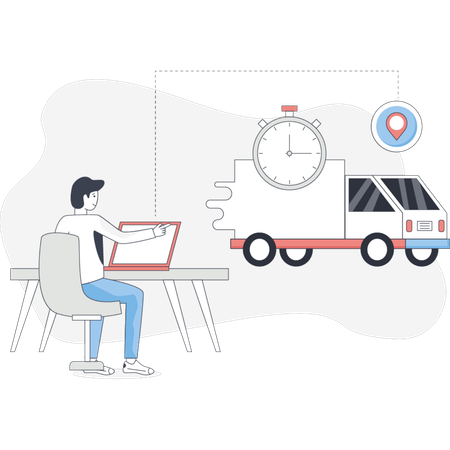 Man sits at a desk with a clock and a toy truck focused on his work  Illustration