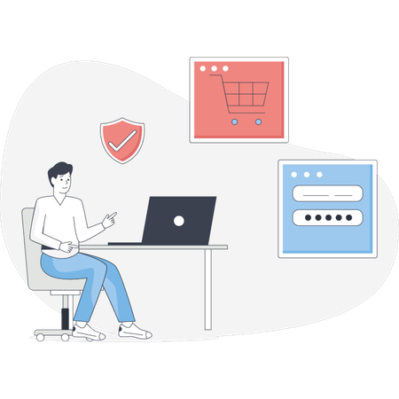 Man sits at a desk with a laptop viewing a shopping cart on an external screen  Illustration