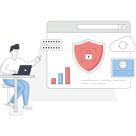 Man sits at a desk with a laptop while a screen displays a security shield symbolizing cybersecurity  Illustration