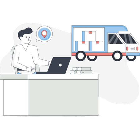 Man sits at a desk with a laptop while a truck is parked nearby indicating a work or business environment  Illustration