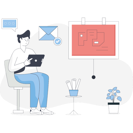 Man sits in a chair with a laptop while a drawing hangs on the wall behind him  Illustration