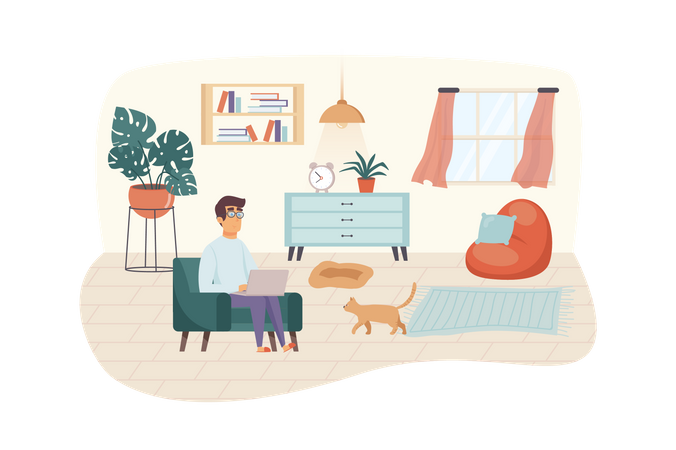 Man sits in chair with laptop and cat in living room Illustration