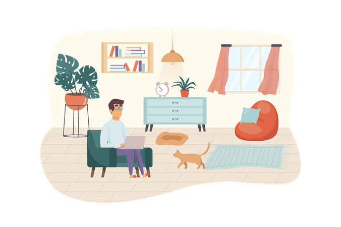 Man sits in chair with laptop and cat in living room  Illustration