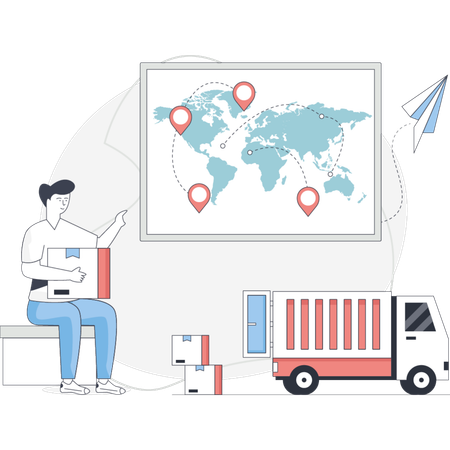 Man sits in front of a map with a truck and a box beside him planning a route or delivery  Illustration