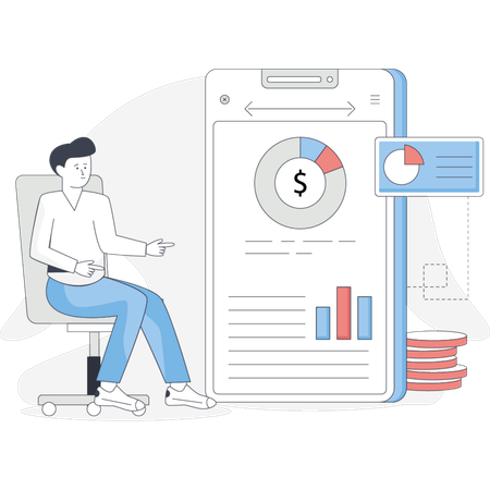 Man sits in front of a phone displaying a chart analyzing data with a focused expression  Illustration