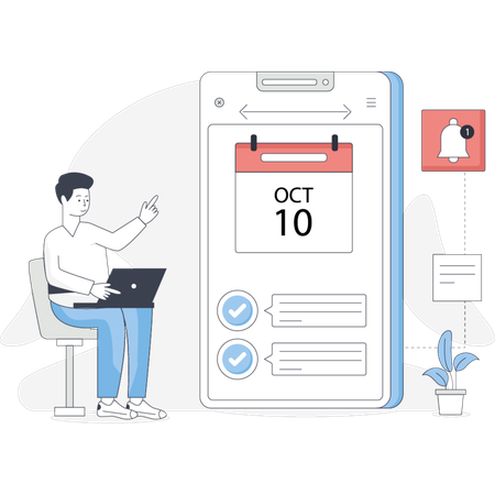Man sits in front of a phone displaying a calendar appearing focused on planning or scheduling  Illustration