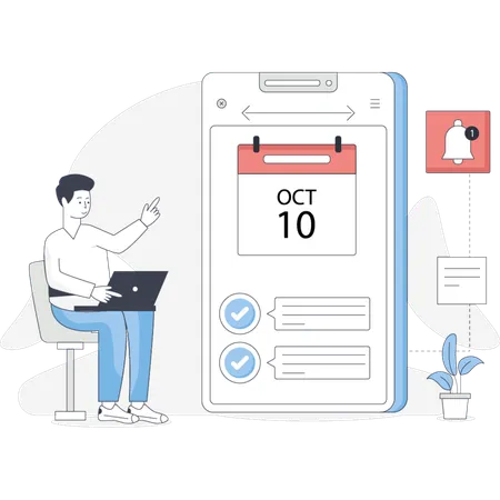 Man sits in front of a phone displaying a calendar appearing focused on planning or scheduling  Illustration