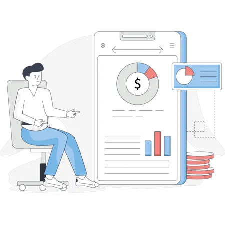 Man sits in front of a phone displaying a chart analyzing data with a focused expression  Illustration