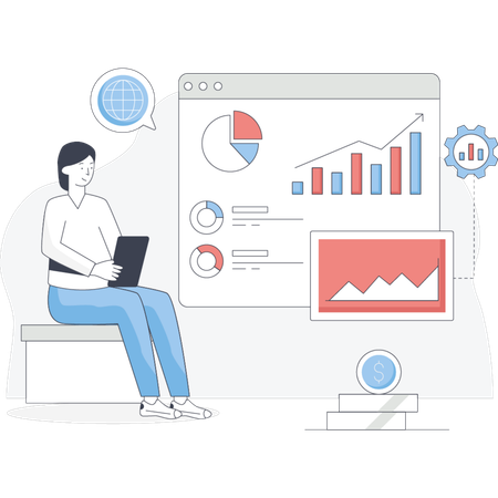 Man sits in front of a screen displaying various graphs and charts analyzing data for insights Illustration