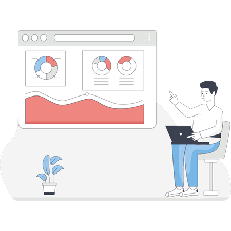 Man sits in front of a screen displaying various graphs and charts analyzing data for insights  Illustration