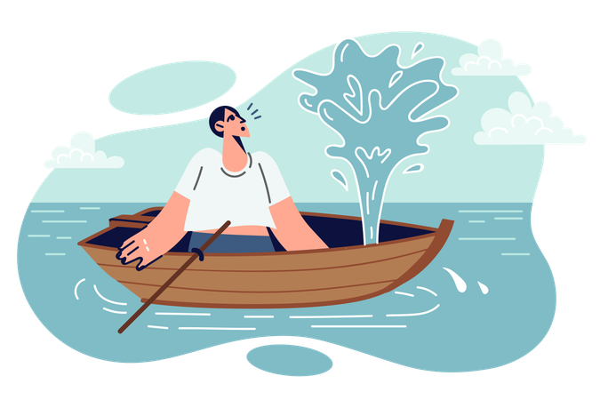 Man sits in sinking boat  イラスト