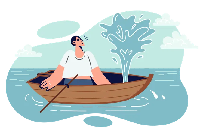 Man Sits In Sinking Boat And Risks Going Overboard Due To Not Knowing How To Solve Problem Migrant Guy Is In Sinking Boat Trying Illegally Swim To Another Country Needing Help Rescue Service イラスト