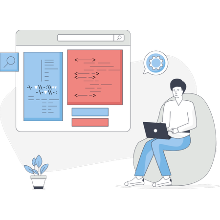 Man sits on a bean bag chair working on a laptop with a website diagram displayed beside him  Illustration