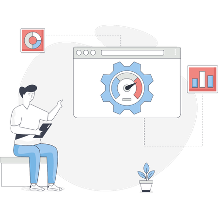 Man sits on a bench focused on a computer screen displaying a graph with data trends  Illustration