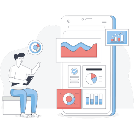 Man sits on a bench focused on his phone displaying various graphs and charts  Illustration