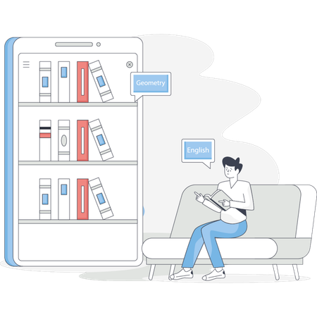 Man sits on a couch reading a book surrounded by a large bookshelf filled with various books  Illustration