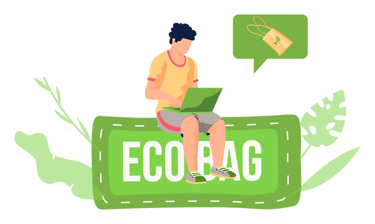 Man sits with a laptop and sends picture of eco shopping bags by email  Illustration