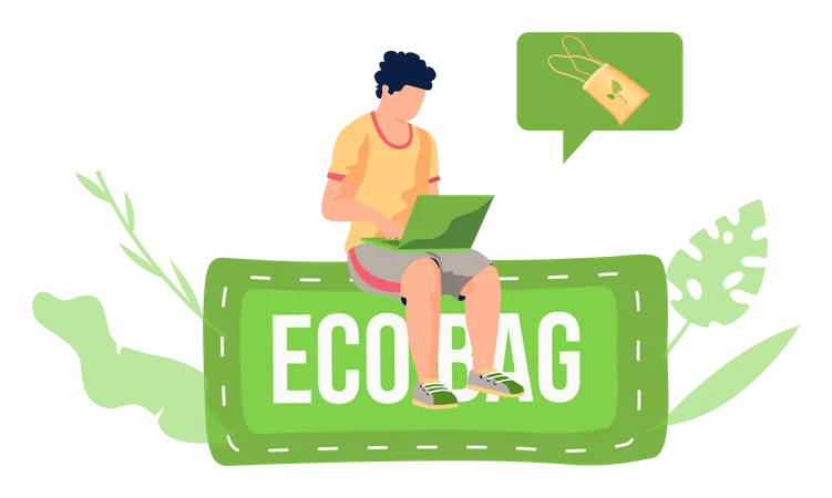 Man sits with a laptop and sends picture of eco shopping bags by email  Illustration