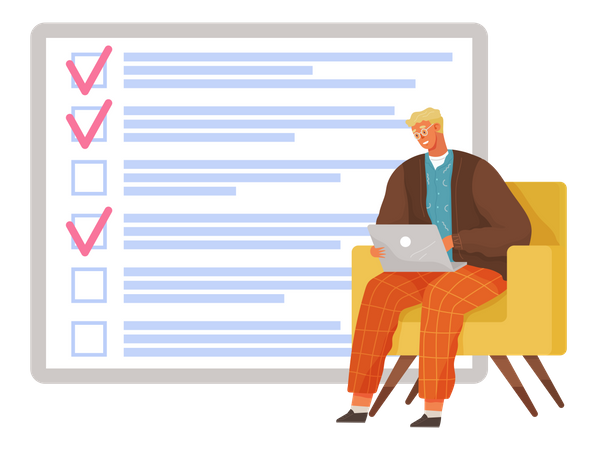 Man sits with laptop near clipboard  Illustration