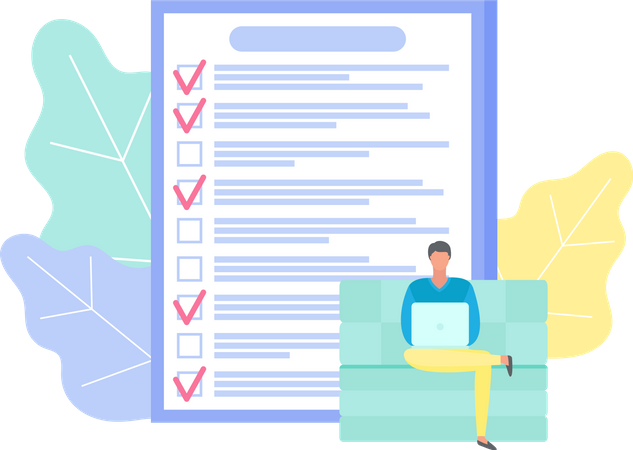 Man sits with laptop near clipboard  Illustration