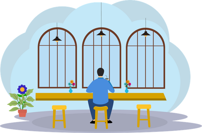 Man sitting alone at cafe Illustration