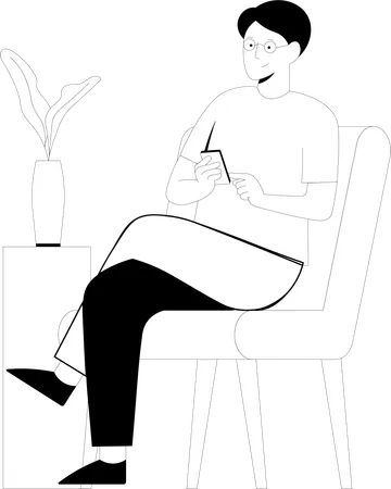 Man sitting and holding phone  イラスト