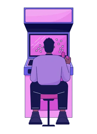 Man Sitting And Playing Games Flat Line Color Vector Character Arcade Vintage Machine Editable Outline Full Body Person On White Simple Cartoon Spot Illustration For Web Graphic Design Illustration