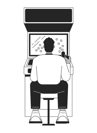 Man Sitting And Playing Games Flat Line Black White Vector Character Arcade Vintage Machine Editable Outline Full Body Person Simple Cartoon Isolated Spot Illustration For Web Graphic Design Illustration