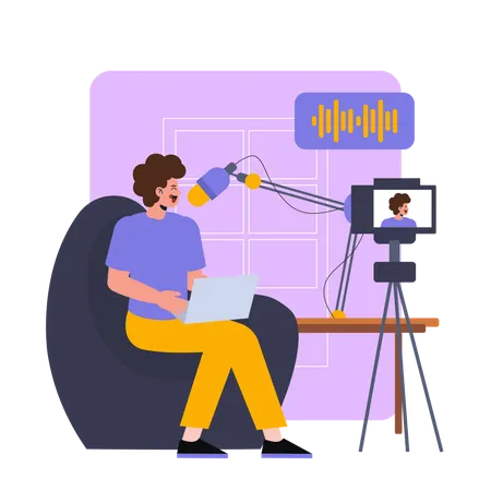 座ってポッドキャストを録音している男性  イラスト