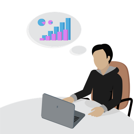 Man Sitting and Thinking About Financial Charts  Illustration