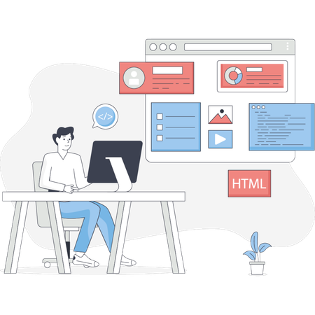 Man sitting at a desk focused on a computer displaying a web page  Illustration