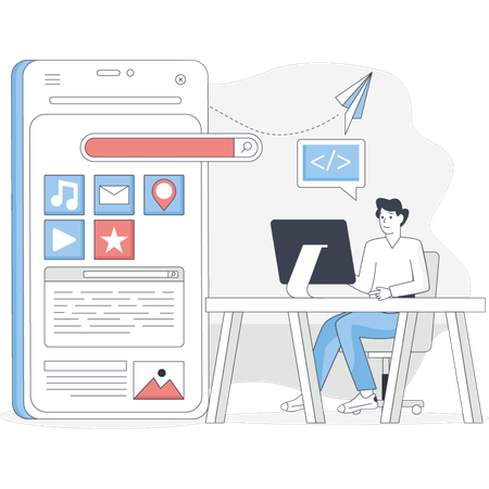 Man sitting at a desk using a smartphone and working on a computer  Illustration