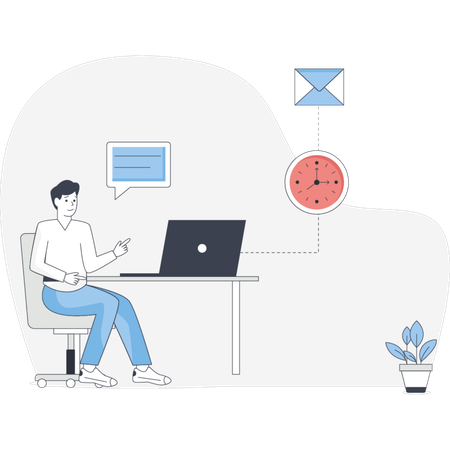 Man sitting at a desk with a laptop focused on work with an email icon displayed on the screen  Illustration