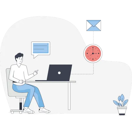 Man sitting at a desk with a laptop focused on work with an email icon displayed on the screen  Illustration