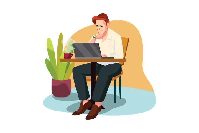 Man sitting at cafe working on a laptop  Illustration