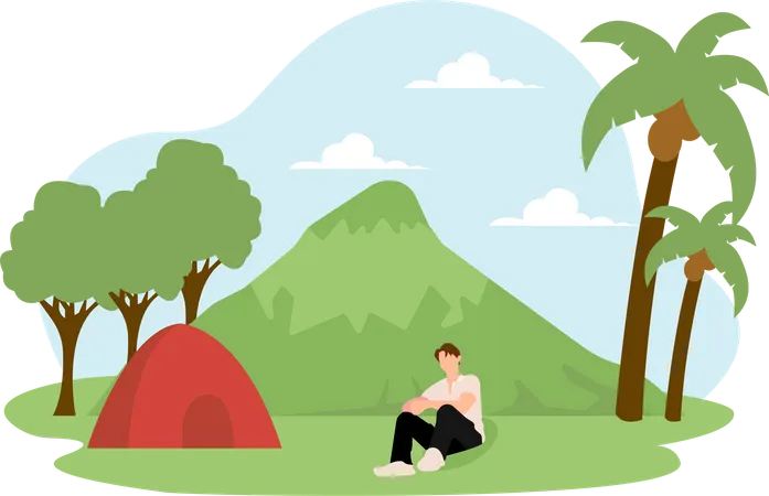 Man sitting at campsite  Illustration