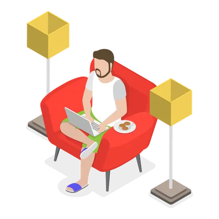 Man sitting at home and working on laptop  Illustration