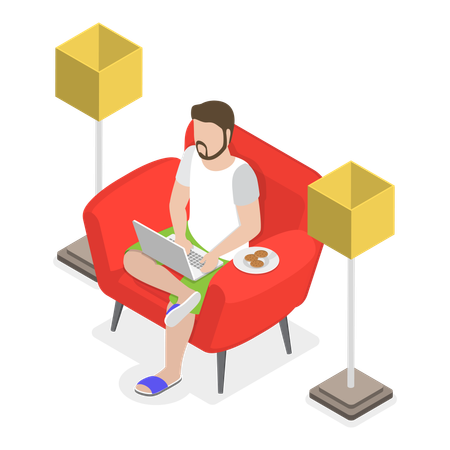 Man sitting at home and working on laptop  Illustration