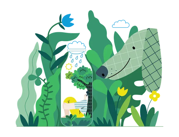 Greenery Ecology Modern Flat Vector Concept Illustration Of A Man In Teh Bottle His Ecosystem Dog In A Park Metaphor Of Environmental Sustainability And Protection Closeness To Nature Illustration