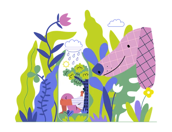 Greenery Ecology Modern Flat Vector Concept Illustration Of A Man In Teh Bottle His Ecosystem Dog In A Park Metaphor Of Environmental Sustainability And Protection Closeness To Nature Illustration