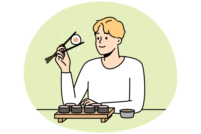 Man sitting at table in restaurant eating sushi with chopsticks  Illustration