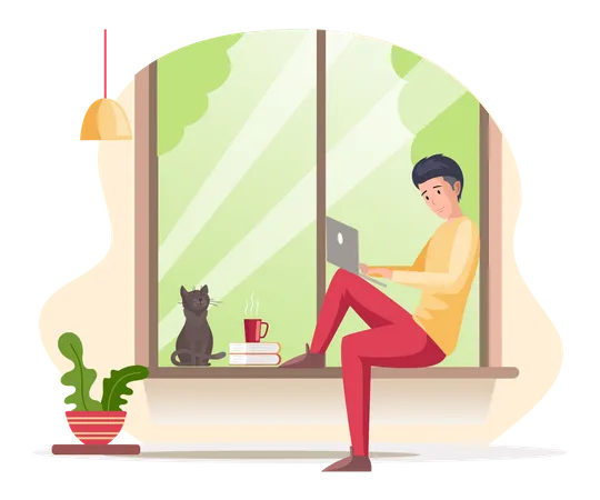 Man sitting at window working on laptop  Illustration